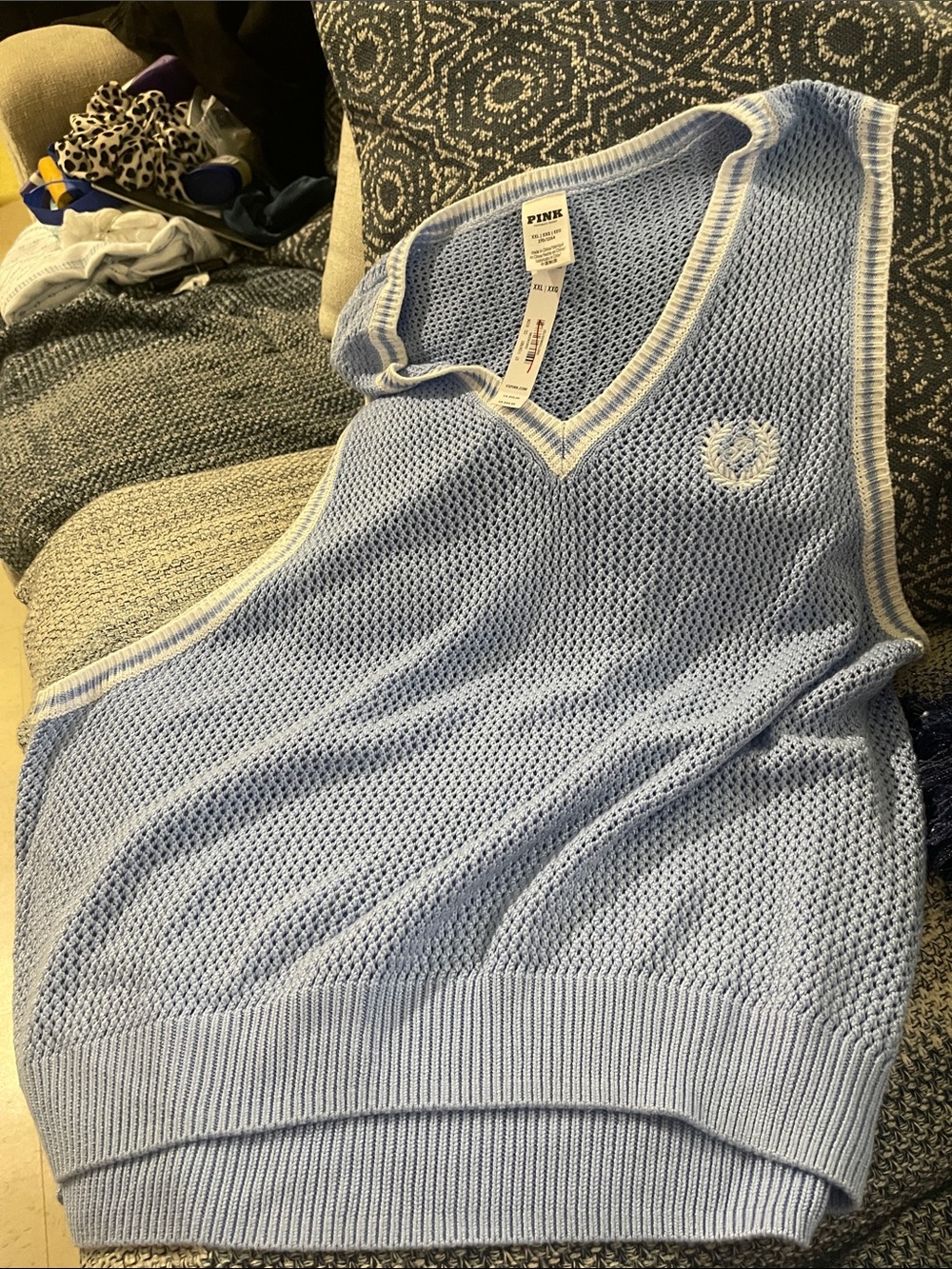 PINK Victoria's Secret Baby Blue V-Neck Knit Sweater Vest with White Trim